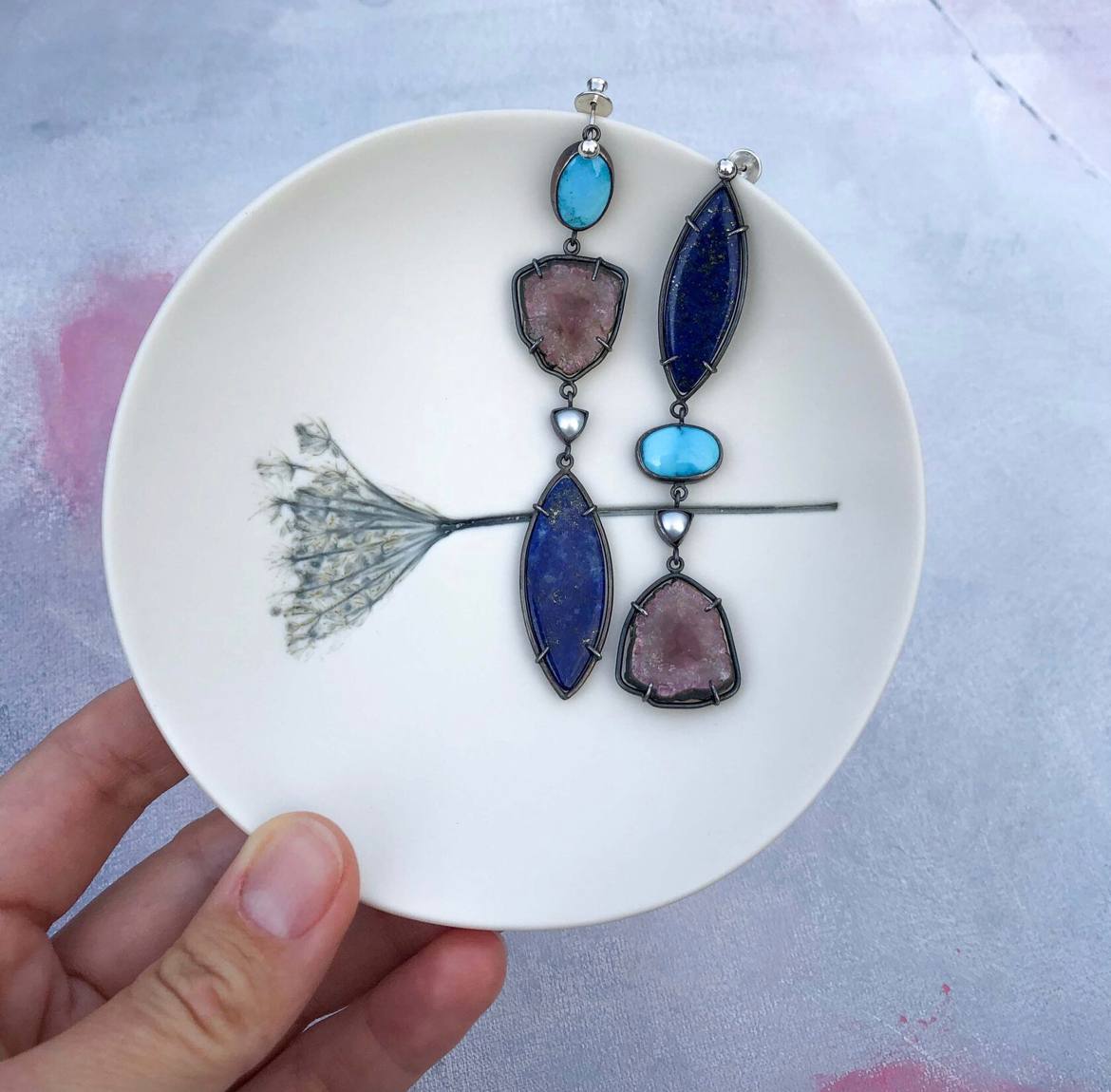 Tourmaline Turquoise lapis Lazuli and Fresh water pearls silver earrings