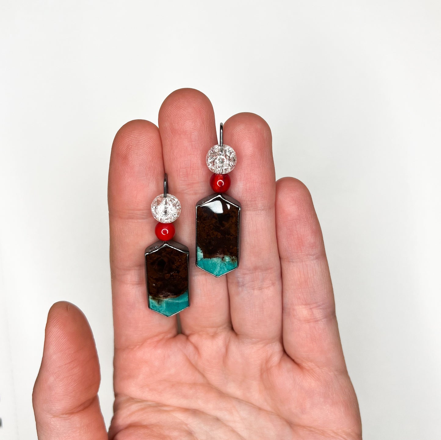 Blue opalized petrified wood pair with natural coral and snow quartz beads