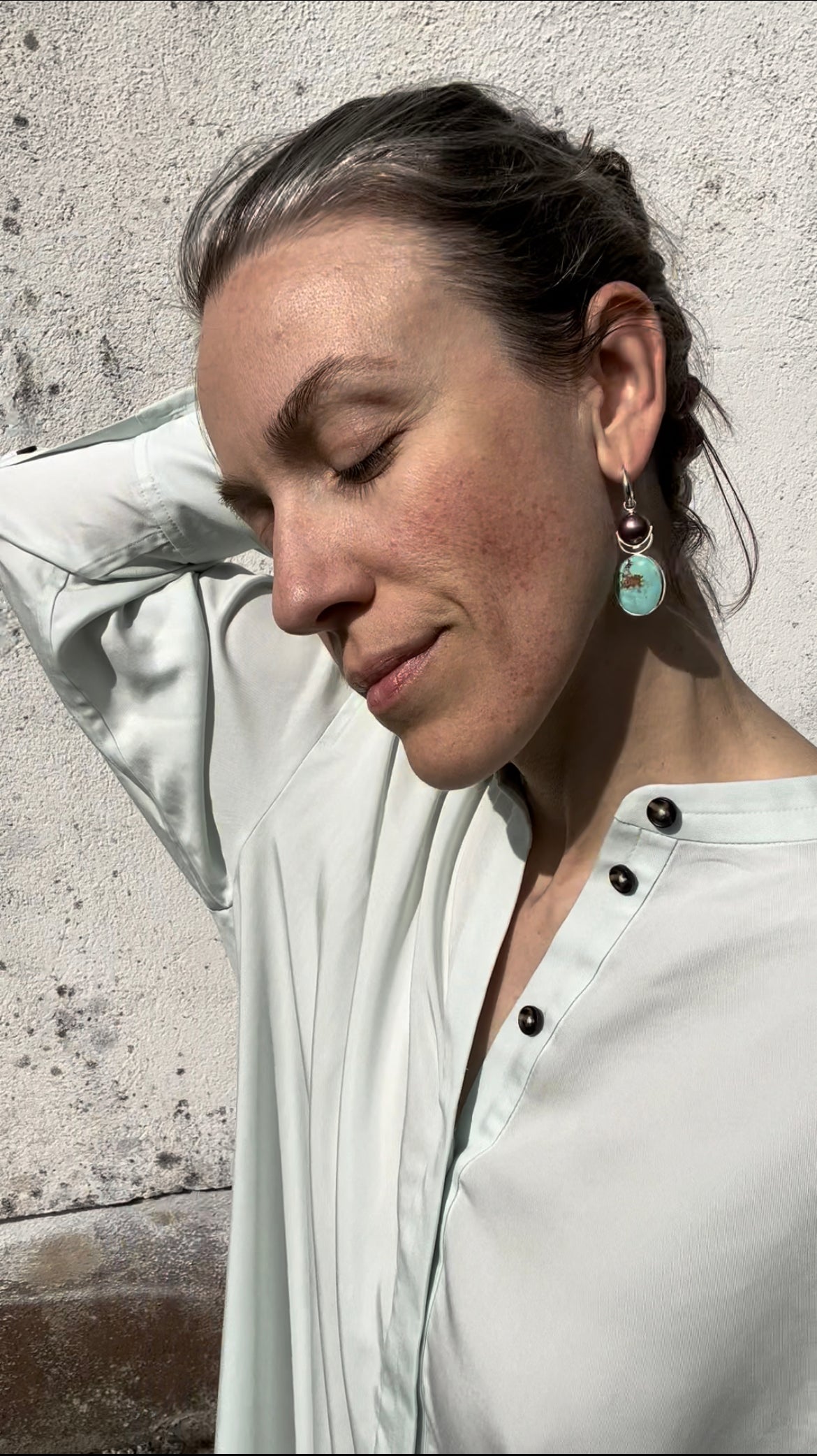 Tahitian pearl, Edison freshwater pearl and Royston turquoise asymmetrical pair of silver earrings