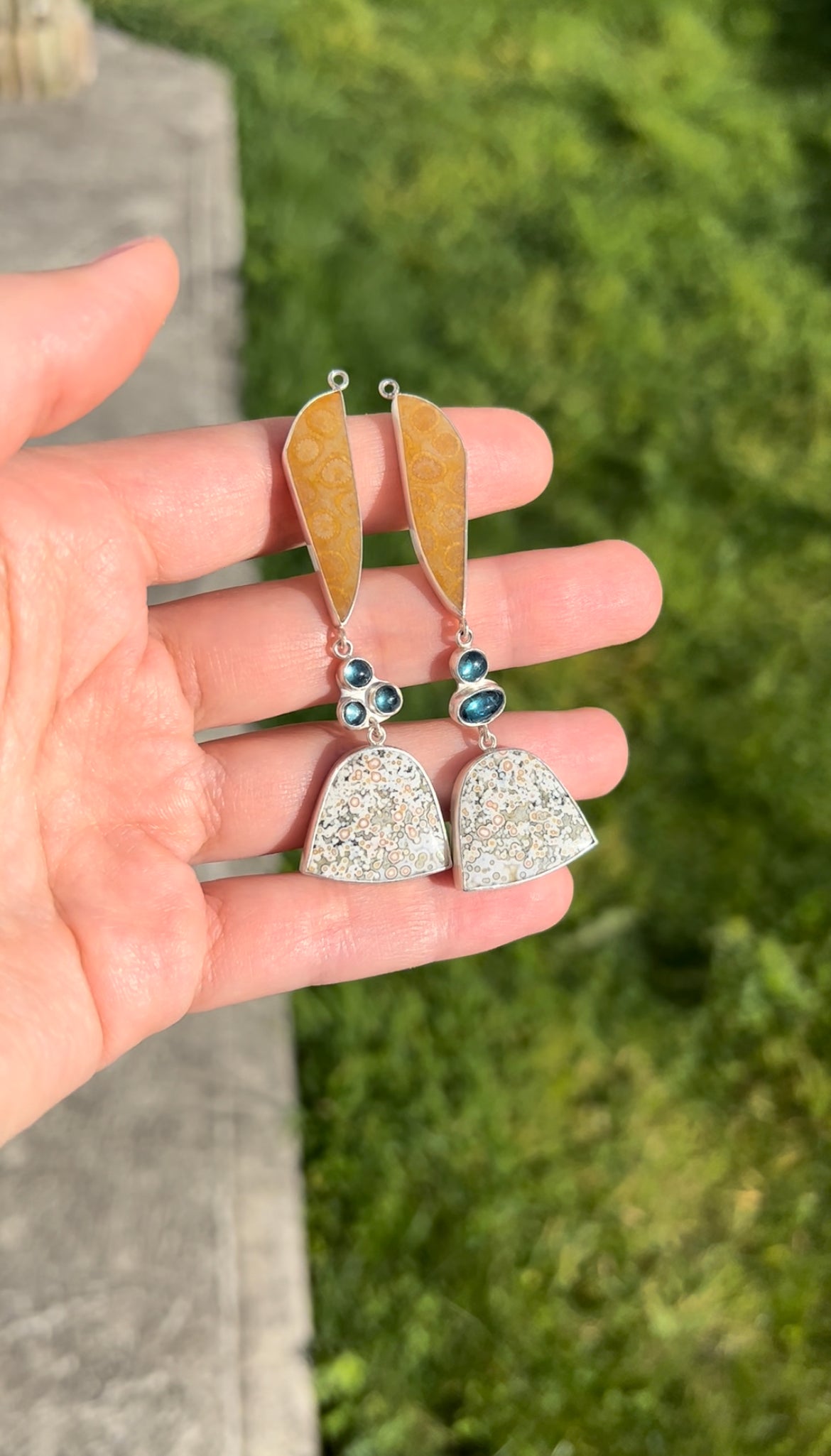 Jasper and kyanite sterling silver earrings