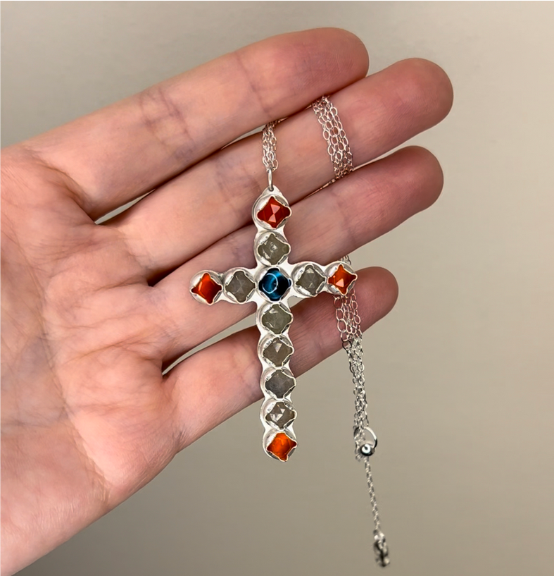 Sapphire, kyanite and carnelian cross pendant