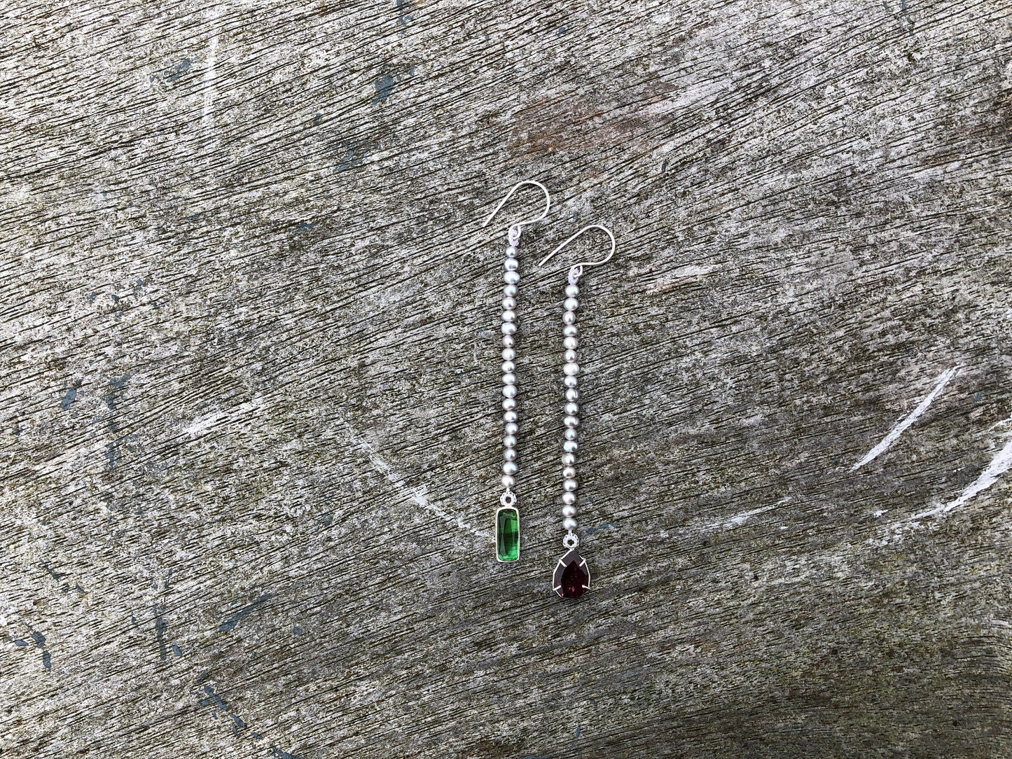 Stunning drop silver earrings with tourmaline and fresh water pearls