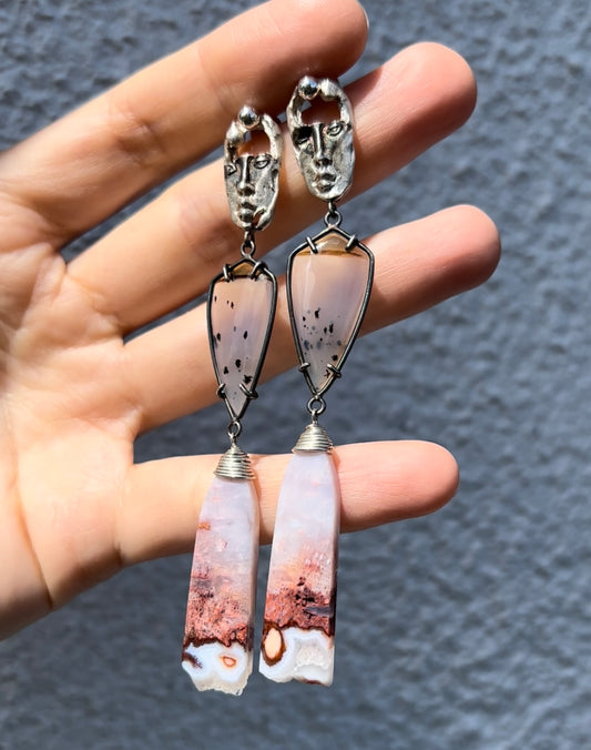 Narmada river agate and plume coral druzy agate sterling silver earrings