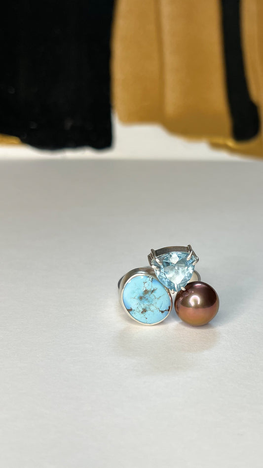 custom ring with Edison freshwater pearl. sky blue topaz and Golden Hills turquoise