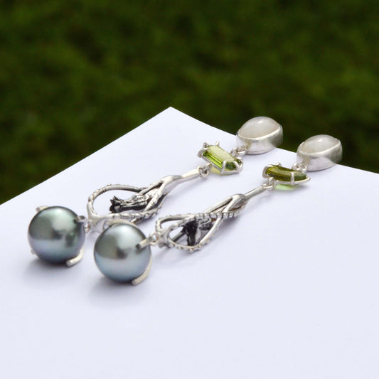 Tahitian pearl, tourmaline and moonstone pair of earrings