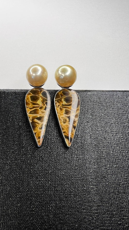 South sea pearls and fossil palm wood pair of earrings
