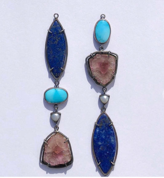 Tourmaline Turquoise lapis Lazuli and Fresh water pearls silver earrings