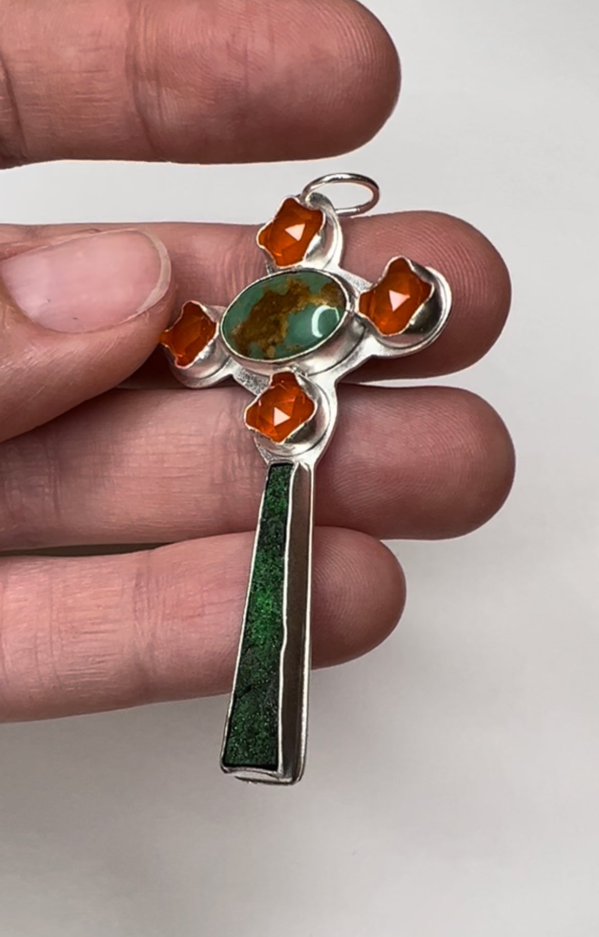 Uvarovite, royston turquoise and carnelian Cross pendant