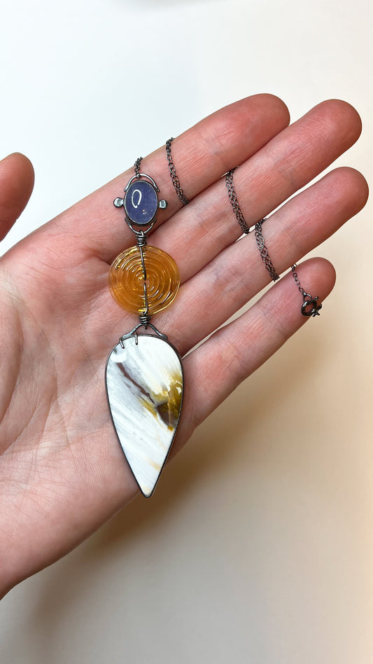 Tanzanite, opal and handmade glass bead silver pendant