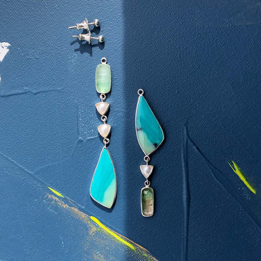 Tourmaline, freahwater pearls and opals pair of earrings