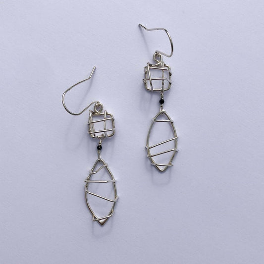 Sterling Silver geometric free form earrings with a small spinel bead