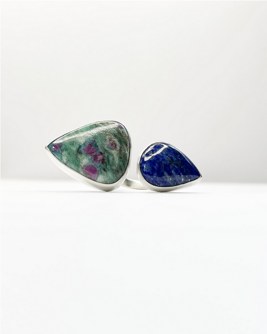 Lapis lazuli and ruby in zoisite sterling silver open ring