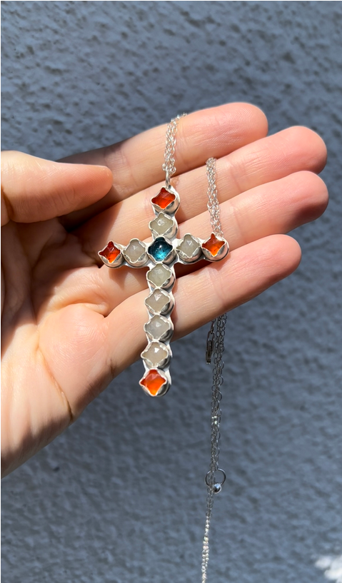 Sapphire, kyanite and carnelian cross pendant