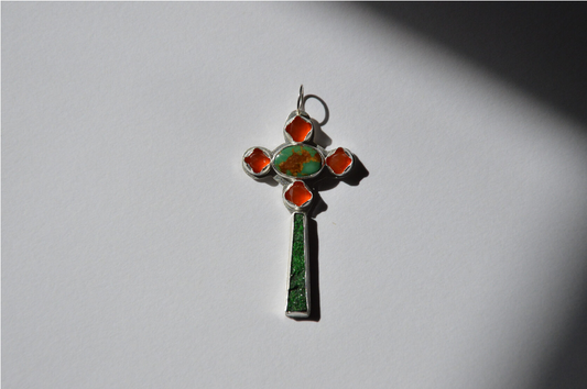 Uvarovite, royston turquoise and carnelian Cross pendant