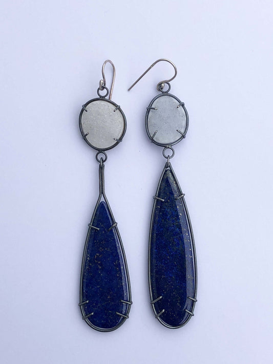 Lapis lazuli and white milky druzy sterling silver earrings